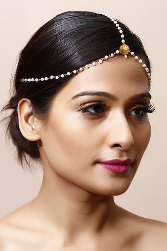 Designer Pearl & Golden Bead Maang Tikka