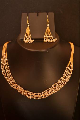 Designer Pearl Stone Golden Chain Necklace set with Matching Earrings