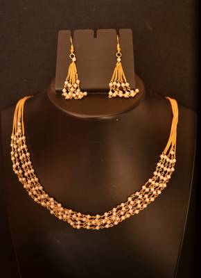 Designer Pearl Stone Golden Chain Necklace set with Matching Earrings 1