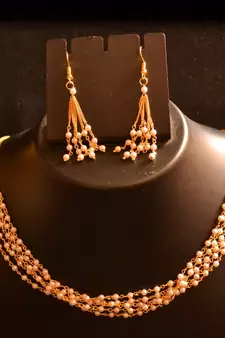 Designer Pearl Stone Golden Chain Necklace set with Matching Earrings