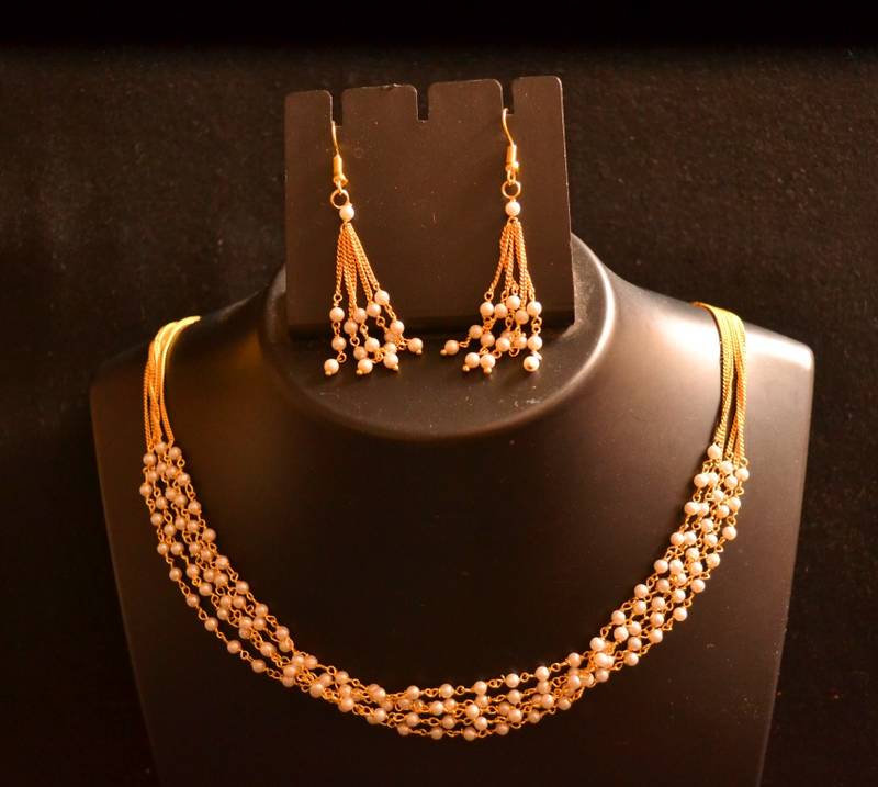 Designer Pearl Stone Golden Chain Necklace set with Matching Earrings