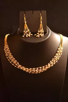 Designer Pearl Stone Golden Chain Necklace set with Matching Earrings
