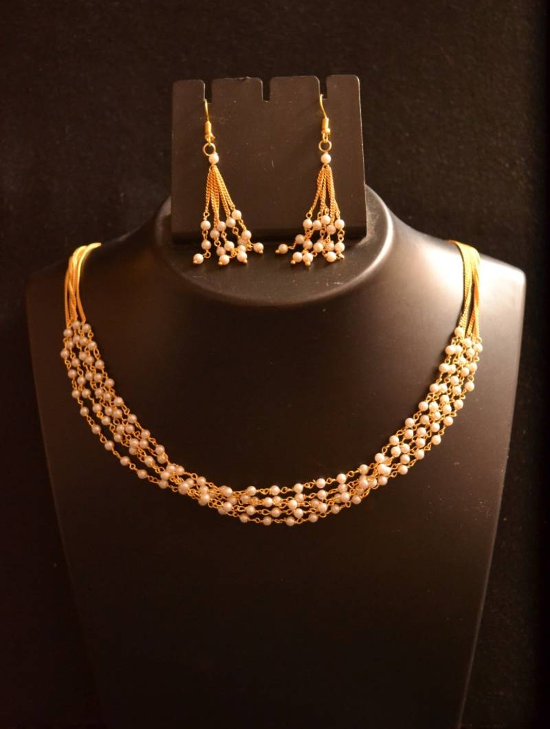 Designer Pearl Stone Golden Chain Necklace set with Matching Earrings