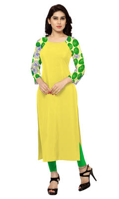yellow printed crepe stitched kurti 1