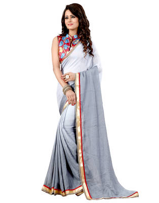 Light grey plain georgette saree with blouse 1