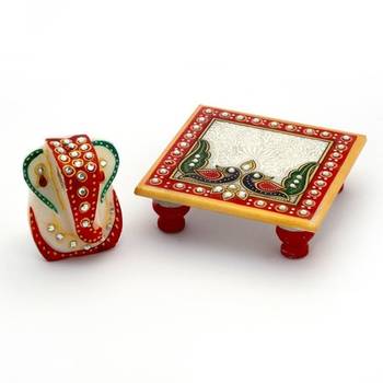 Meenakari work lord ganesha marble pooja chowki 2