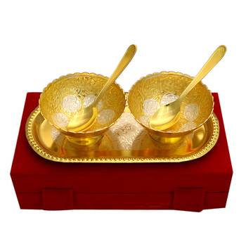 German silver two tone lotus shape two bowl and tray with two spoon set 1