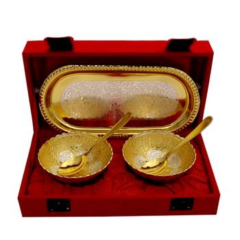 German silver two tone lotus shape two bowl and tray with two spoon set 2