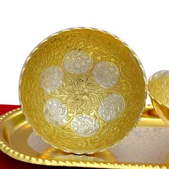 German silver two tone lotus shape two bowl and tray with two spoon set 3
