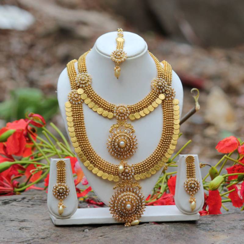 Traditional south indian temple coin white pearl haram set