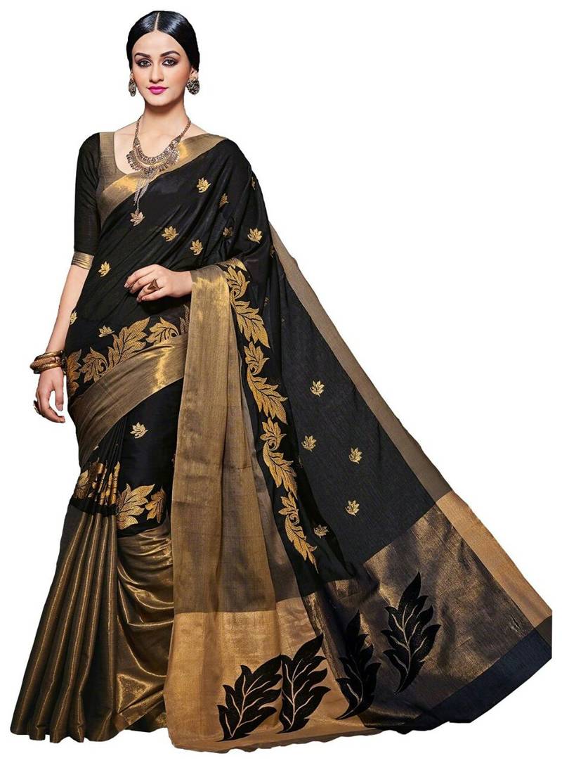 black machine work cotton silk saree with blouse