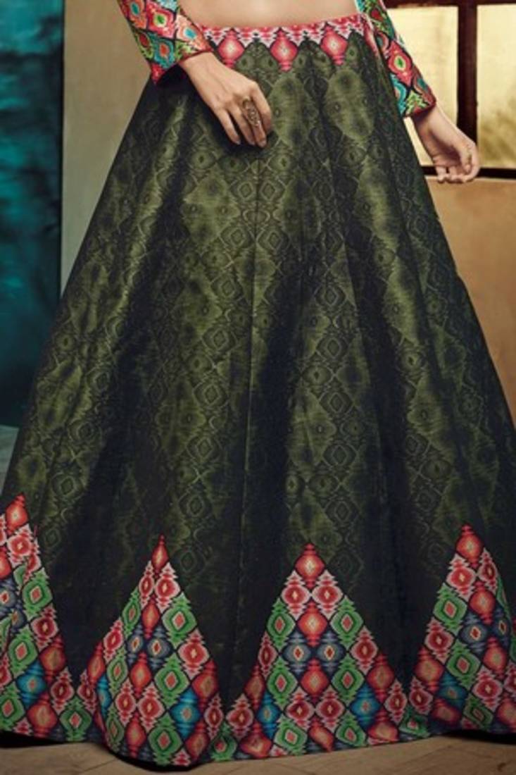 dark and green Printed silk lehenga with choli