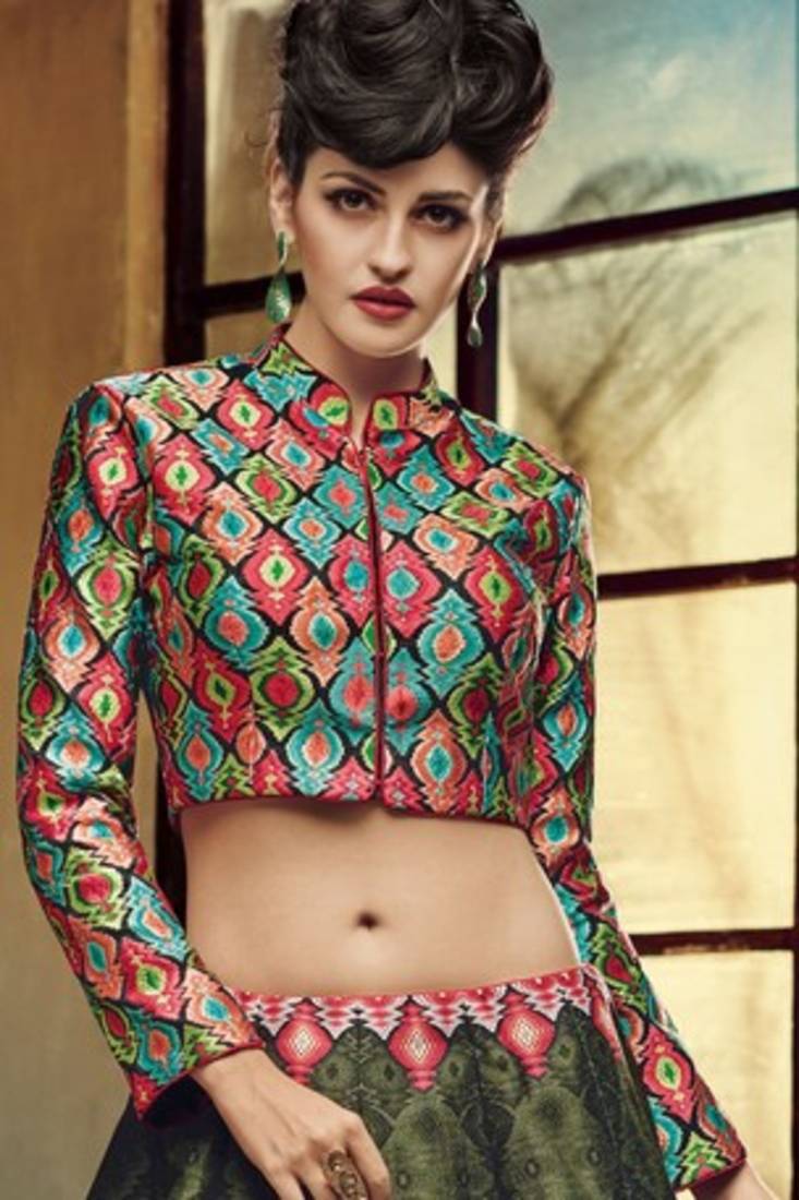 dark and green Printed silk lehenga with choli