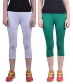 White and Pak Green plain Cotton capris-3-4-pants