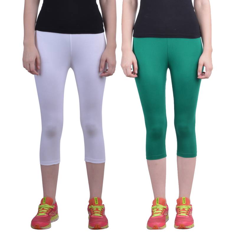 White and Pak Green plain Cotton capris-3-4-pants