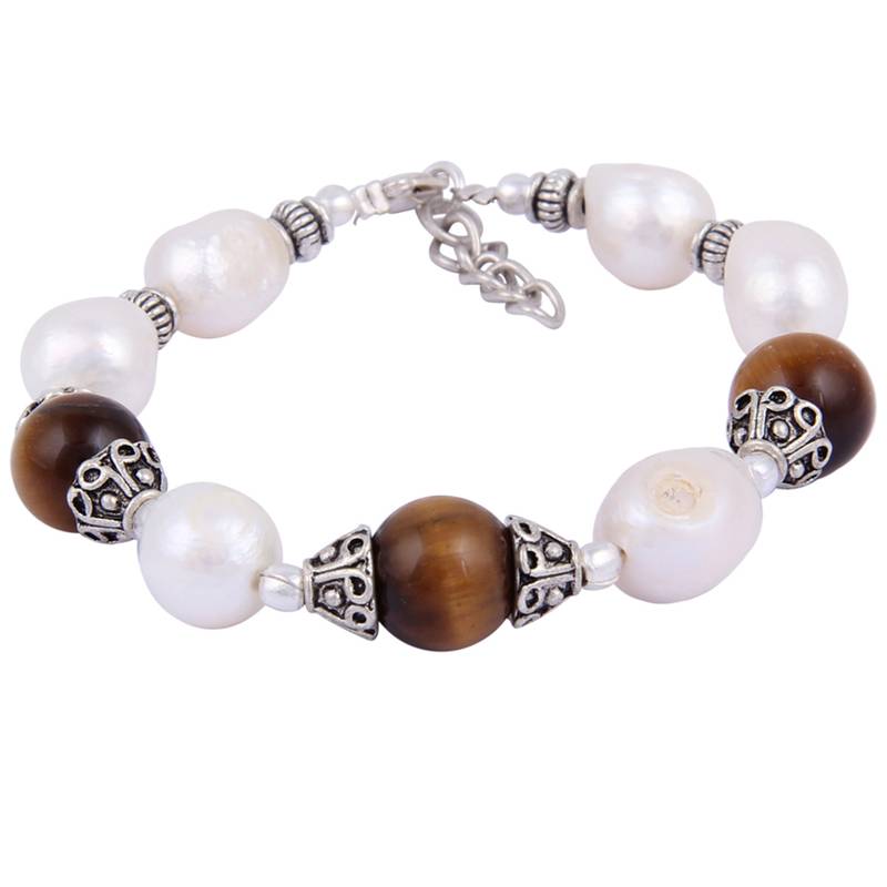 Kenzo Yellow Tiger Eye Gemstone Beads & White Freshwater Pearl Bracelet