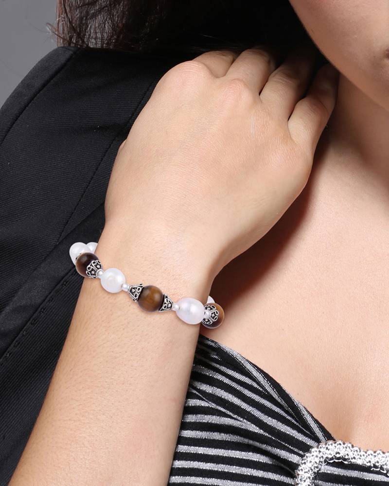 Kenzo Yellow Tiger Eye Gemstone Beads & White Freshwater Pearl Bracelet