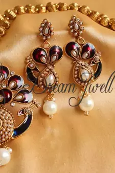 Beautiful antique maroon -pearl peacock necklace set-Dj16709