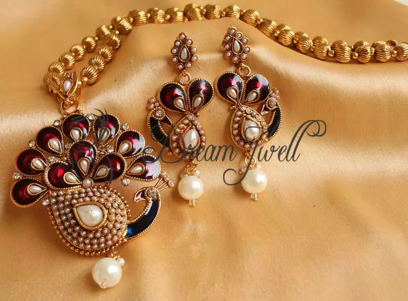 Beautiful antique maroon -pearl peacock necklace set-Dj16709