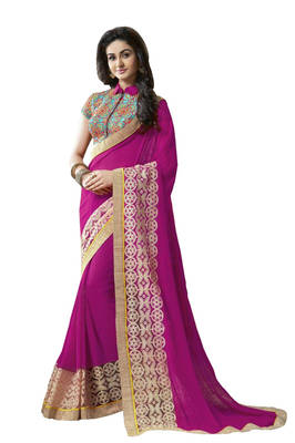 Purple embroidered georgette saree with blouse 1