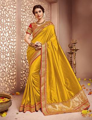 Dark yellow embroidered banglori silk saree with blouse 1