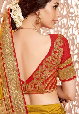 Dark yellow embroidered banglori silk saree with blouse 2