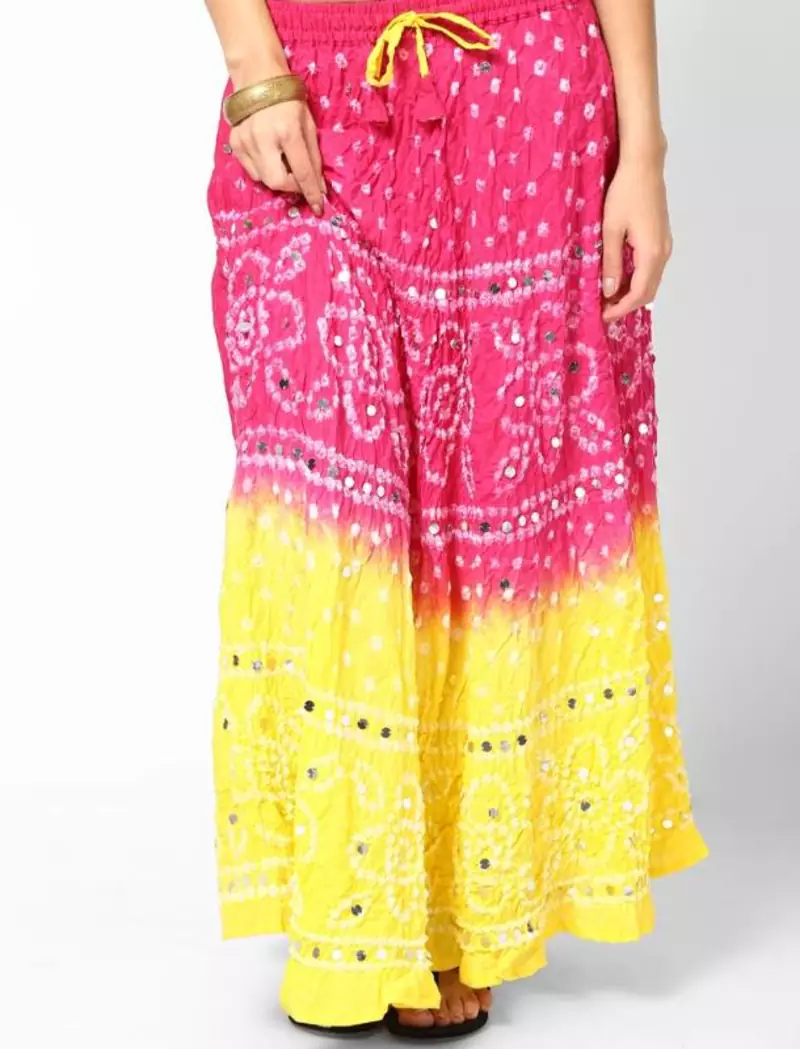 Amazing Pink Yellow Bandhej Hand Work Skirt