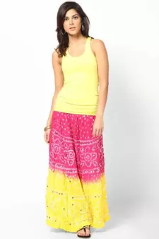 Amazing Pink Yellow Bandhej Hand Work Skirt