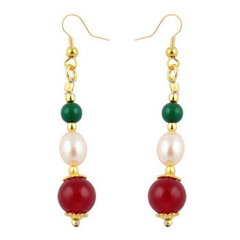 Fresh Water Pearl, Green Jade And Red Jade Earrings 1