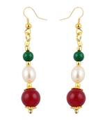 Fresh Water Pearl, Green Jade And Red Jade Earrings