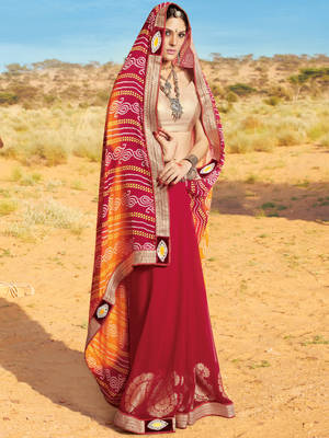 Red embroidered jacquard saree with blouse 1