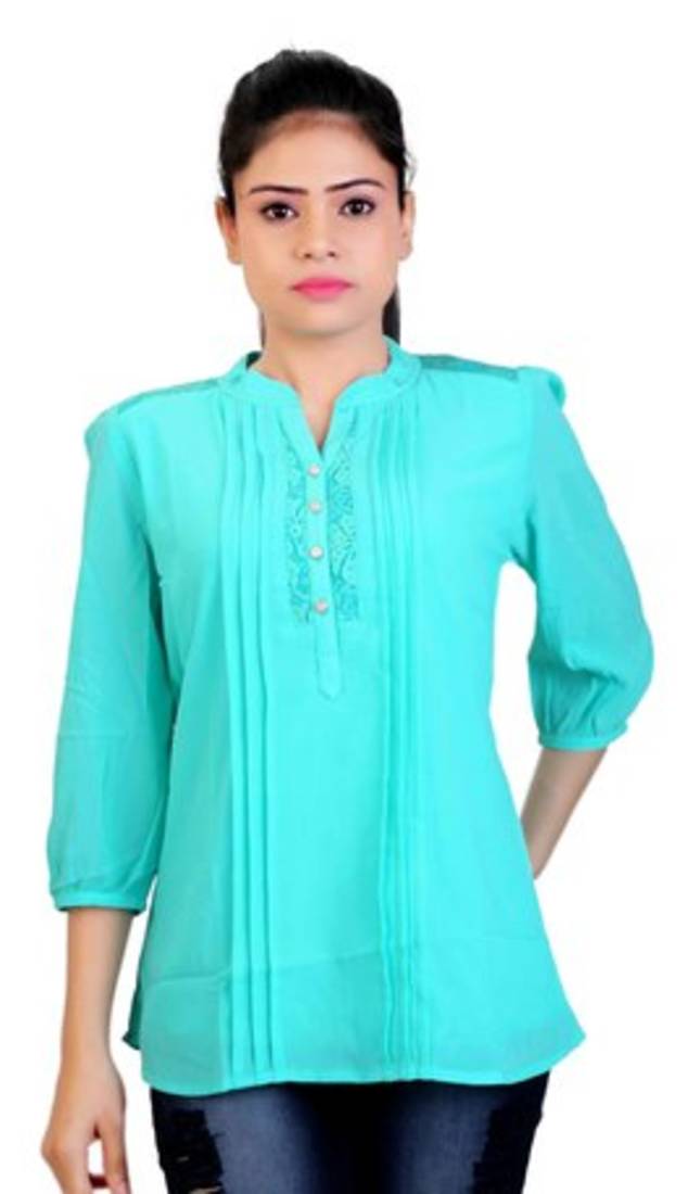 Turquoise printed  georgette tops
