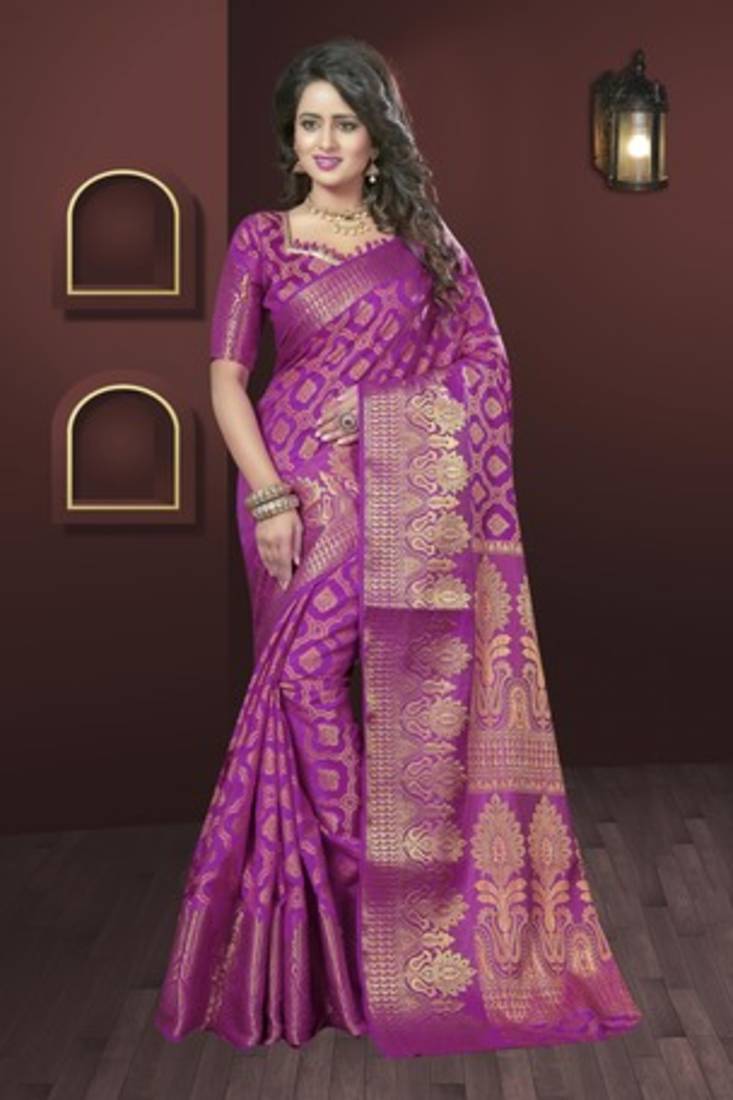 Pink woven silk saree with blouse