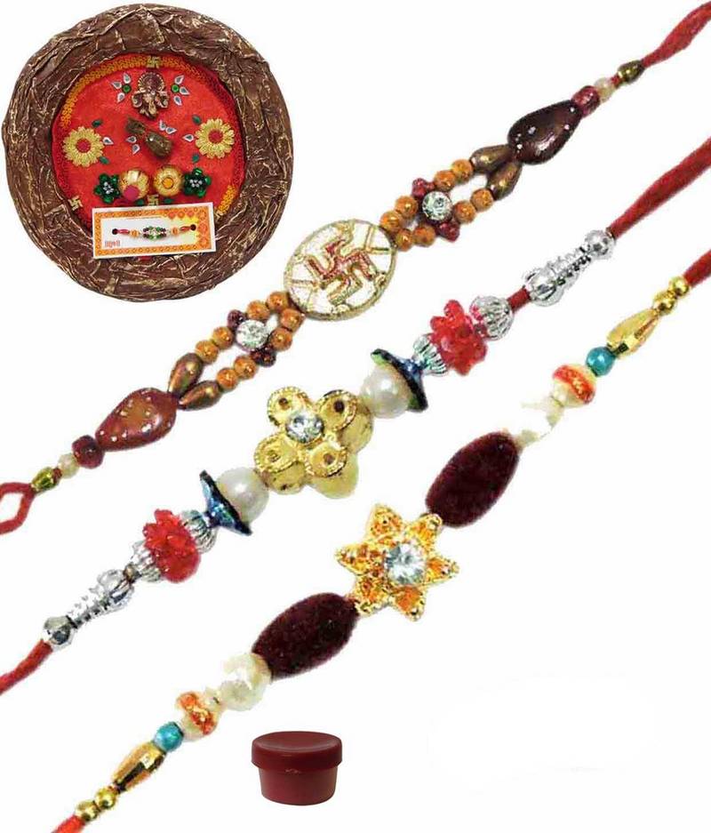 Fascinating bhaiya rakhi of three with designer thali - Laviva - 1732698