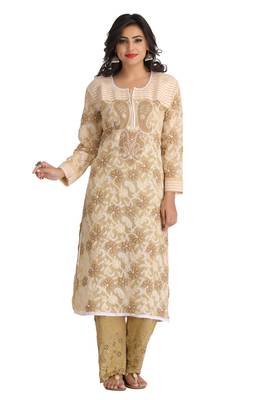 Ada Beige Hand Embroidered Georgette Chikan Kurti 1
