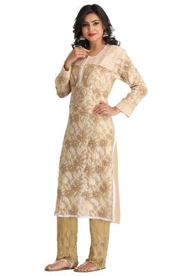 Ada Beige Hand Embroidered Georgette Chikan Kurti 3