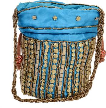 Blue Silk woven potli bags 1
