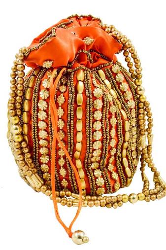 Orange Silk woven potli bags