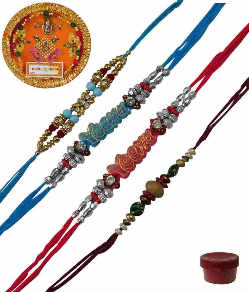Dazzling bright colored rakhi of four with thali - Laviva - 1737025