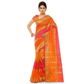 Orange Printed Cotton Silk Saree With Blouse 1
