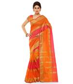 Orange Printed Cotton Silk Saree With Blouse