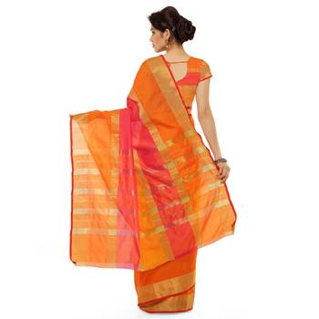 Orange Printed Cotton Silk Saree With Blouse 2