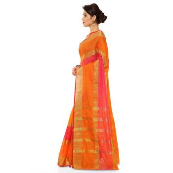 Orange Printed Cotton Silk Saree With Blouse 3