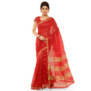 Red Printed Cotton Silk Saree With Blouse 1