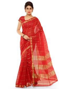 Red Printed Cotton Silk Saree With Blouse