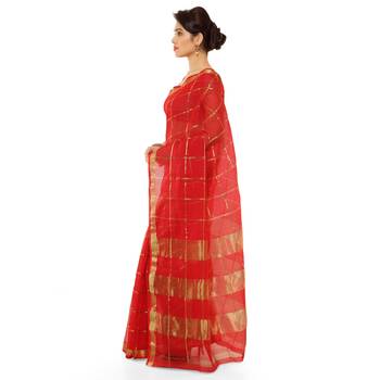 Red Printed Cotton Silk Saree With Blouse 3
