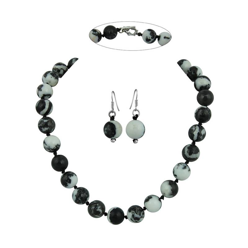 Black & White Zebra Jasper Gemstone Beads Necklace Set
