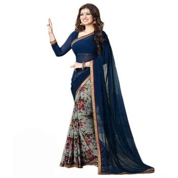 blue printed georgette saree with blouse 1