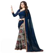blue printed georgette saree with blouse