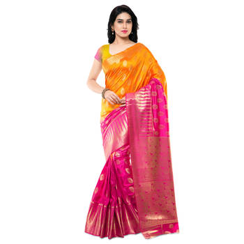 Multicolor printed kanchipuram silk saree with blouse 1